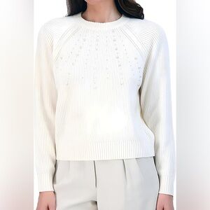 French Connection Cream Crewneck Sweater with Bead Detail